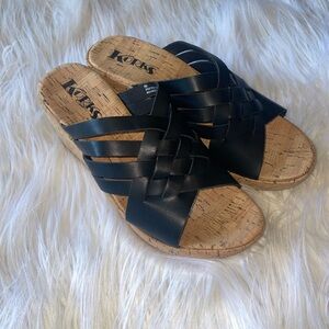 Kork-Ease Criss-Cross Black Leather Wedge Sandals